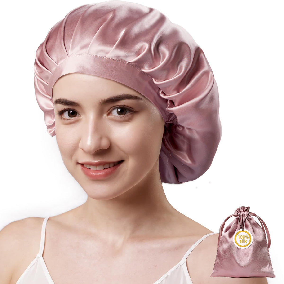Kaome front view of pink silk bonnet showing smooth finish and secure fit