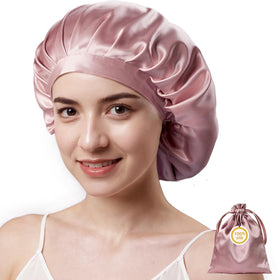 Kaome front view of pink silk bonnet showing smooth finish and secure fit