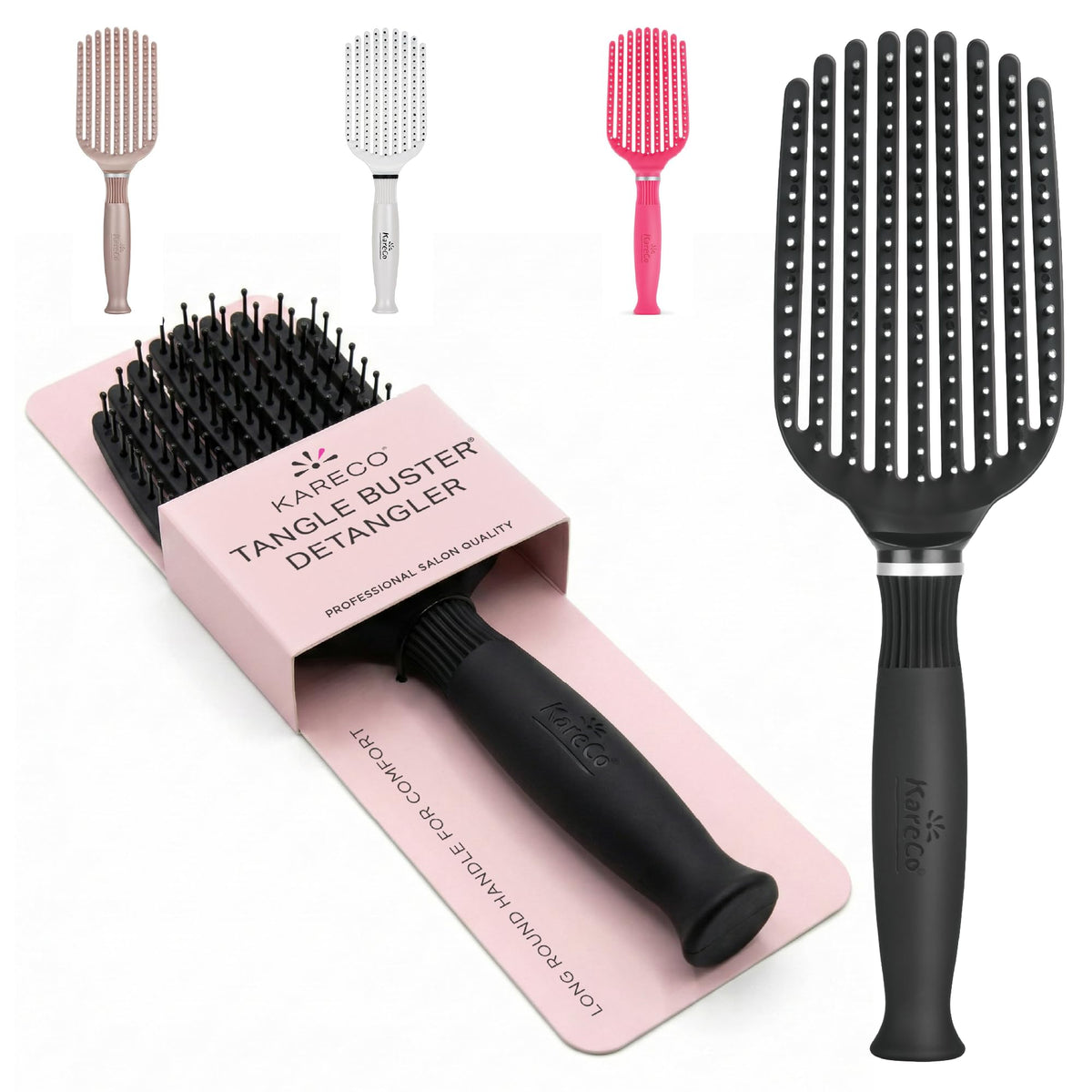 KareCo front view showing compact travel-ready detangling brush and benefits