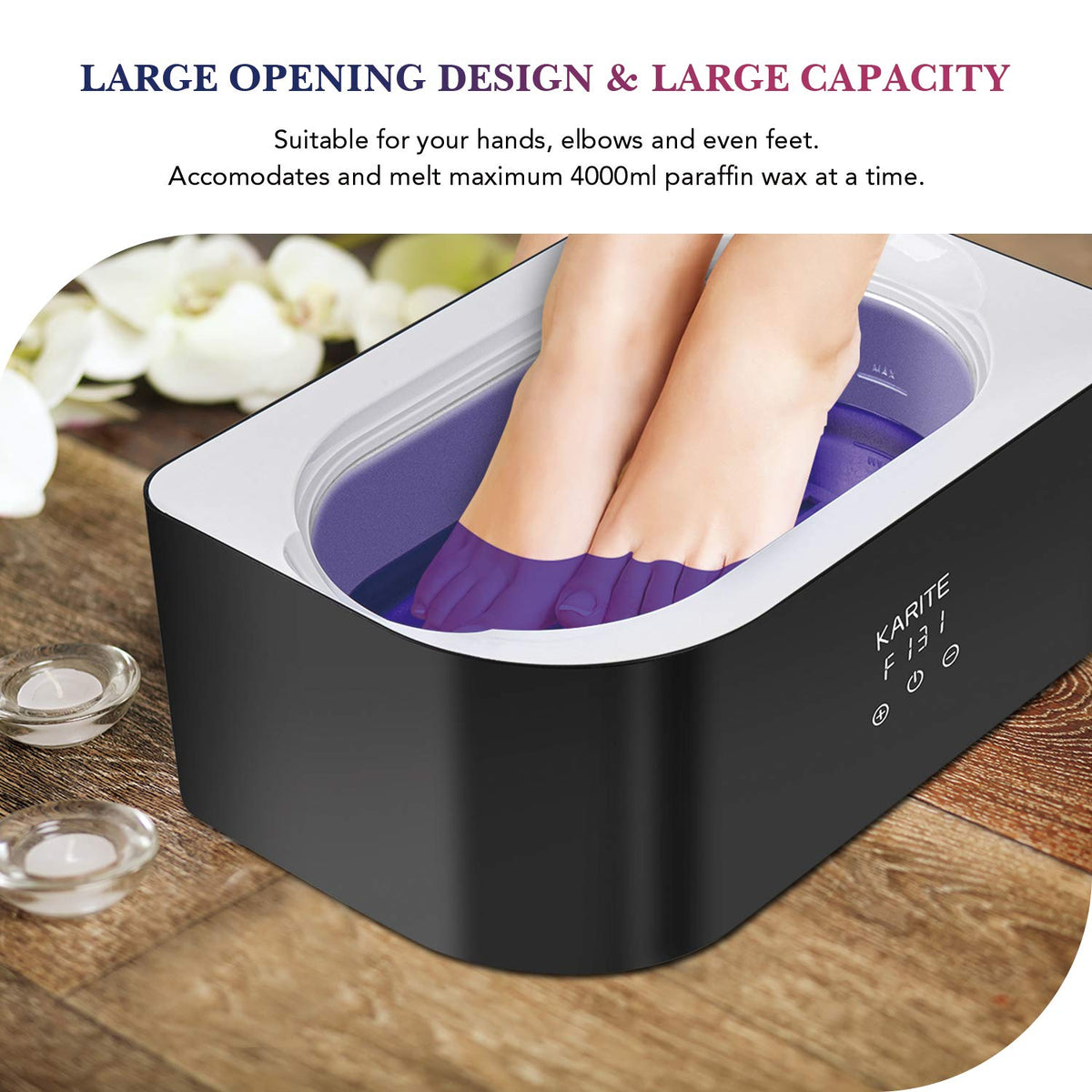 Karite machine beside a hand for scale showing generous 4000ml capacity