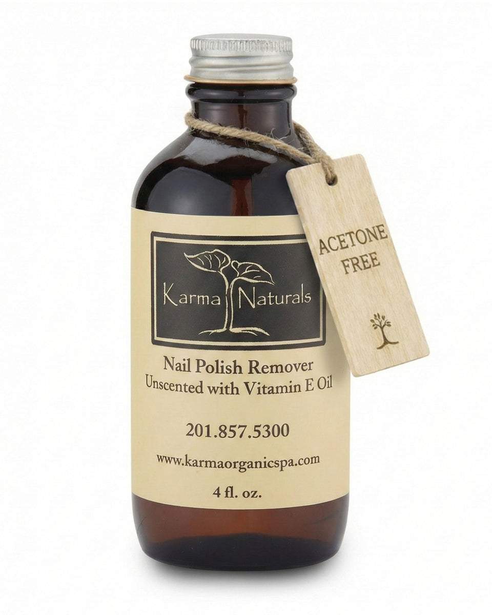 karma organic front bottle showing clear acetone-free remover benefits
