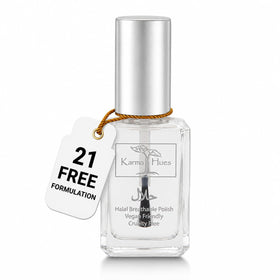 karma organic front packaging showing clear halal-certified bottle and shiny finish benefit
