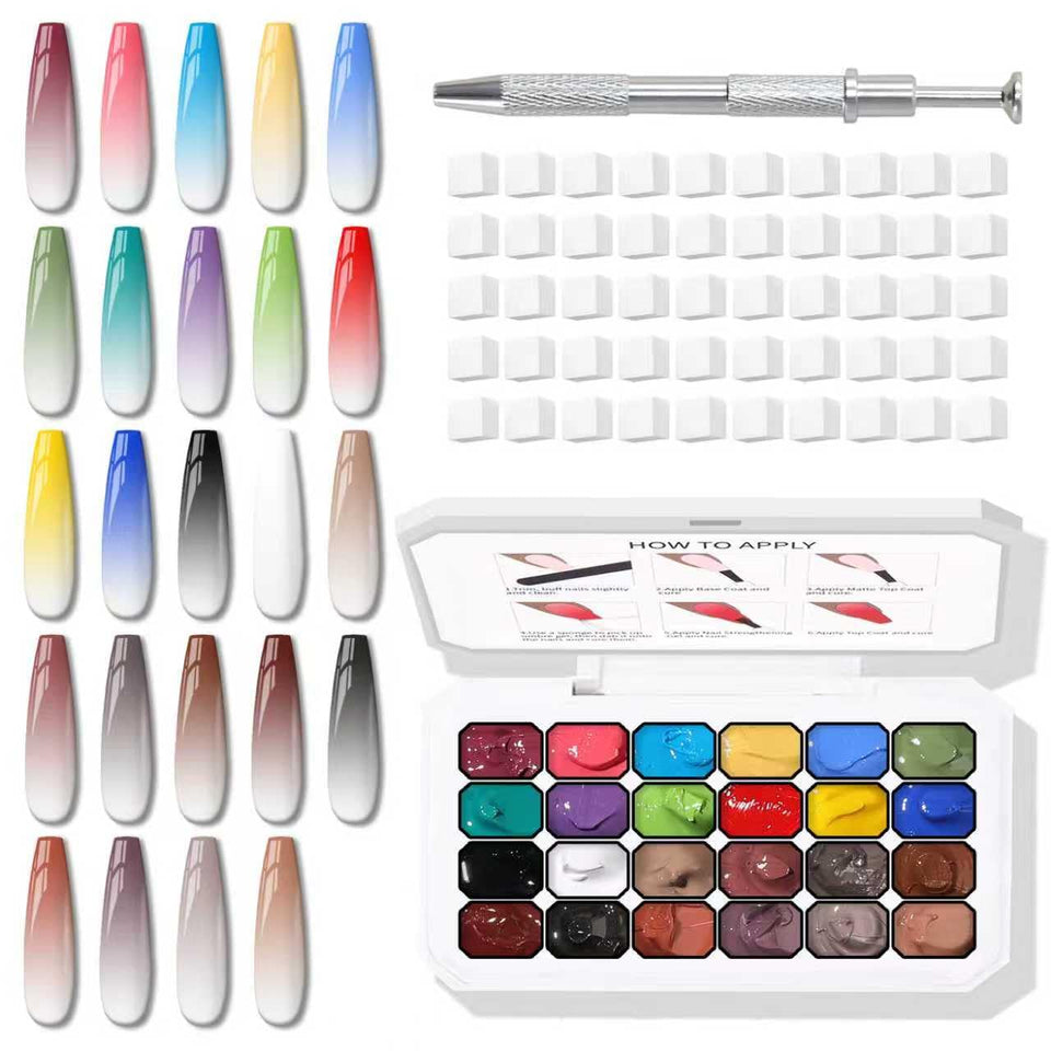 Karroy front palette showing 24 gel colors and included sponges for easy gradients