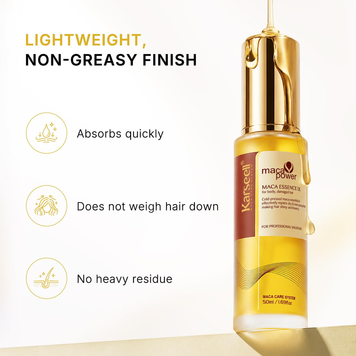 Karseell application on hair ends depicting smoothing and frizz control benefit