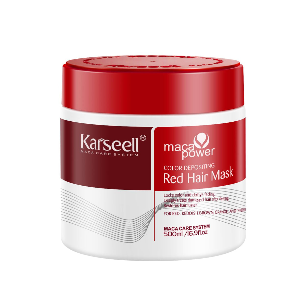 Karseell front bottle showing red mask packaging and clear benefit