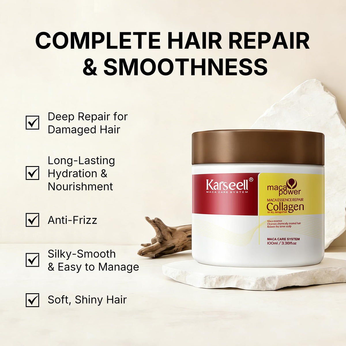 Karseell collage of argan oil, maca and collagen, emphasizes nourishing ingredients