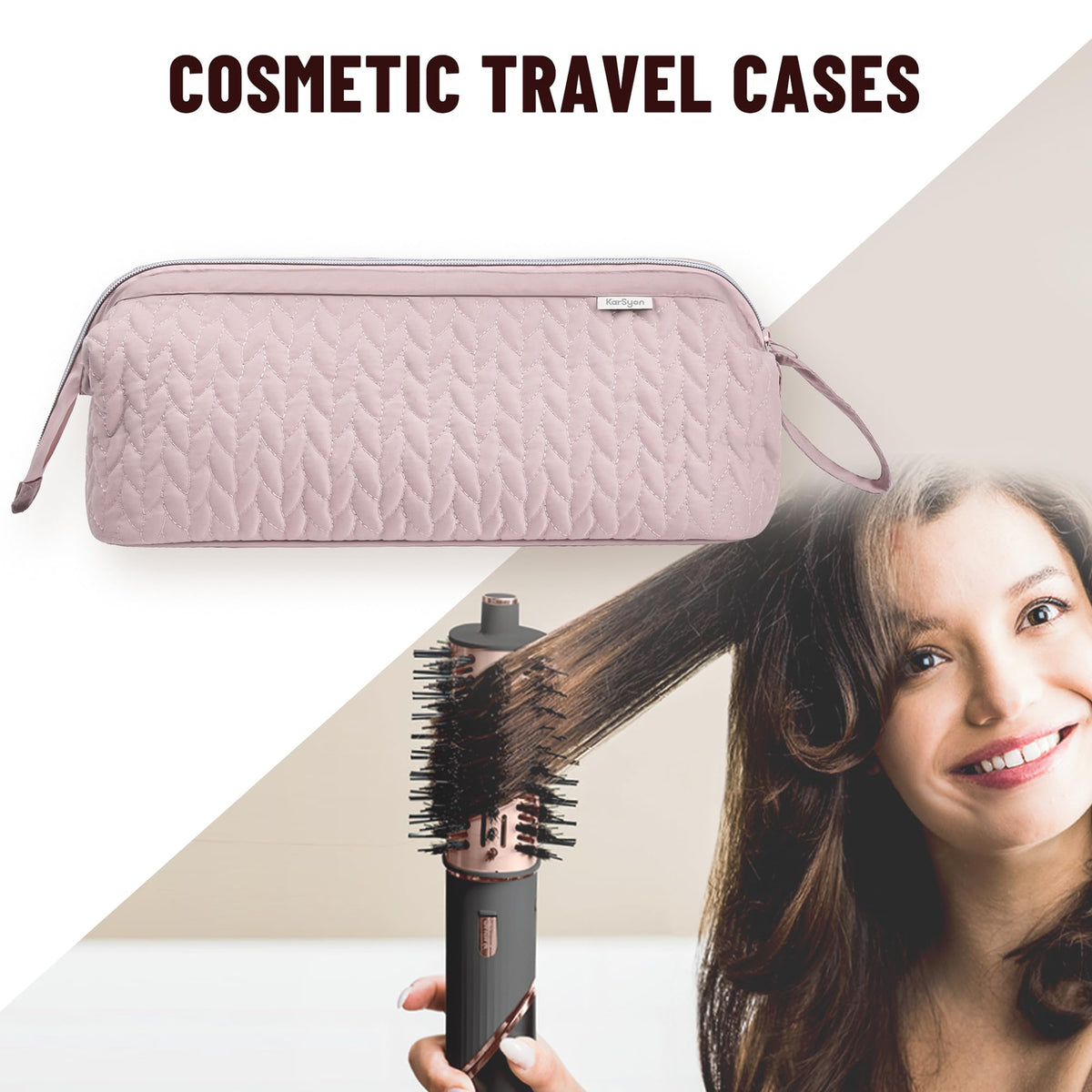 KarSyon holding a Dyson Airwrap and attachments showing organized storage benefit