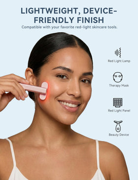 KARUNO serum applied to model’s face before device use, improves glide and comfort