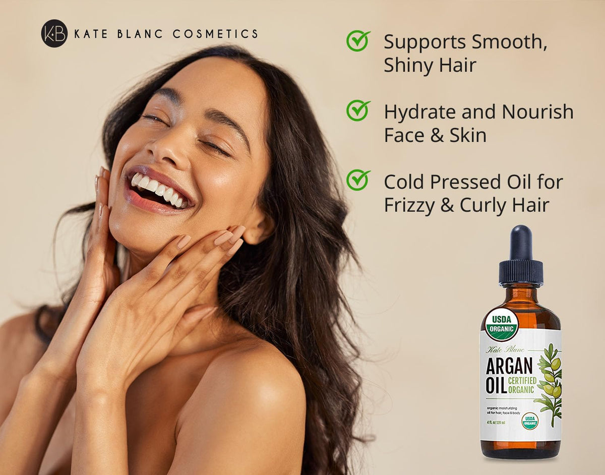 Kate Blanc argan oil drop close-up showing light texture and absorption benefit