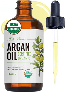 Kate Blanc argan oil front bottle showing label and size, highlights purity