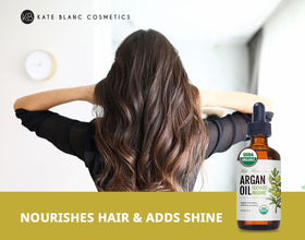 Kate Blanc argan oil being applied to hair ends to reduce frizz and add shine