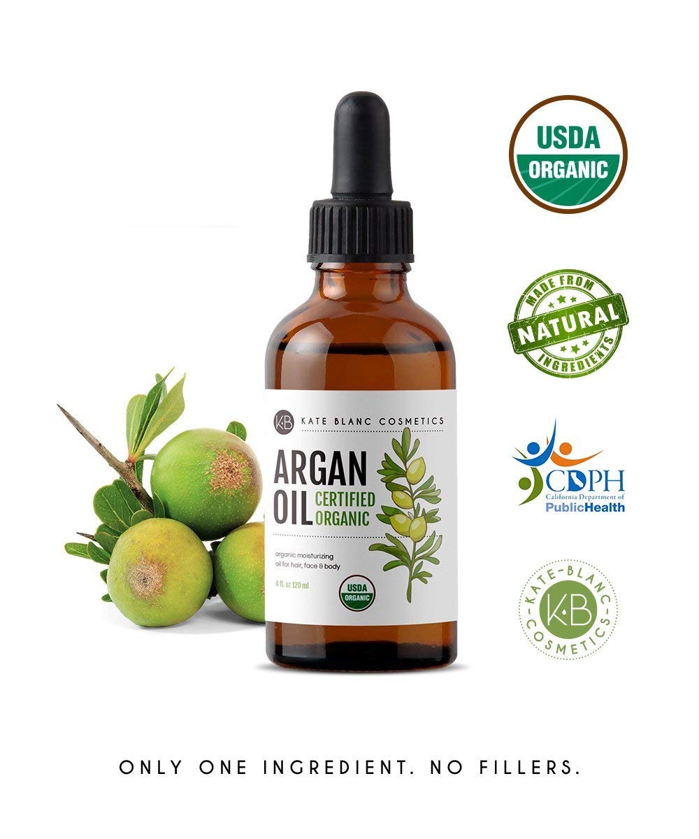 Kate Blanc argan oil label with USDA organic seal confirming quality
