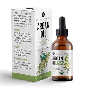 Kate Blanc argan oil bottle staged in bathroom for everyday skincare routine