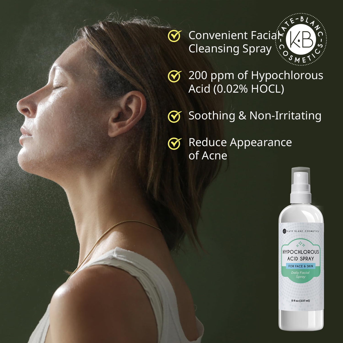 Kate Blanc Cosmetics close-up sprayer nozzle demonstrating easy mist application benefit