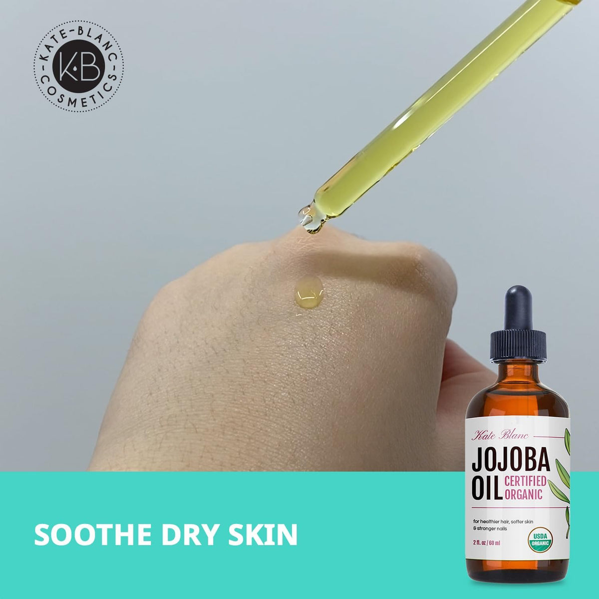 Kate Blanc jojoba oil next to essential oils for easy DIY serum blending