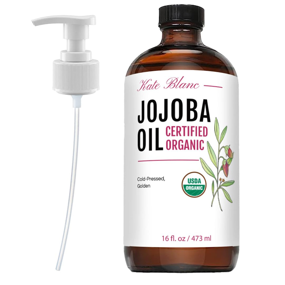 Kate Blanc Cosmetics front bottle showing label and organic jojoba oil benefits