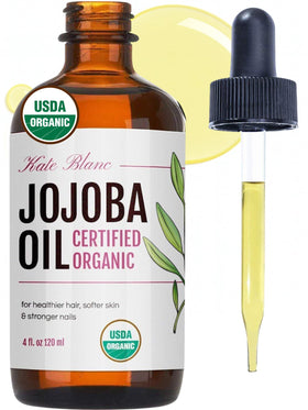 Kate Blanc Cosmetics front bottle view showing organic jojoba oil and benefits