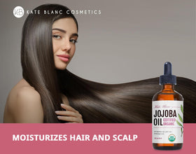 Kate Blanc Cosmetics smoothing oil on hair ends to reduce frizz and add shine