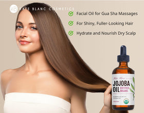 Kate Blanc Cosmetics pouring jojoba oil texture illustrating lightweight absorption