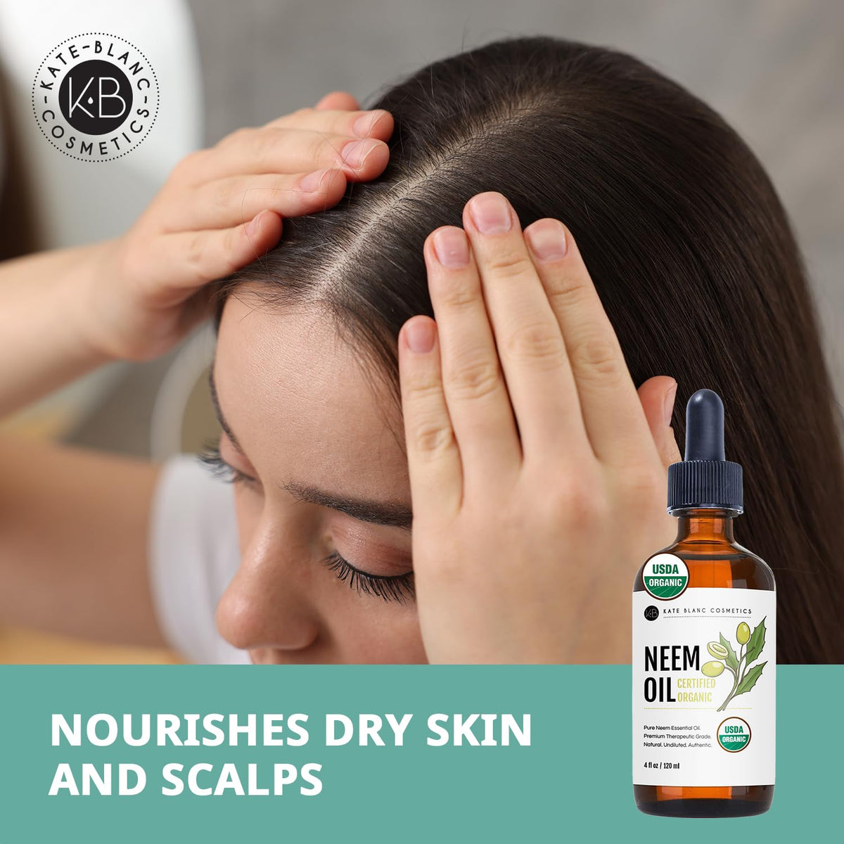 Kate Blanc neem oil applied to hair tips demonstrating nourishing, conditioning benefit