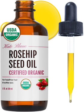 Kate Blanc bottle front view showing pure rosehip oil benefits