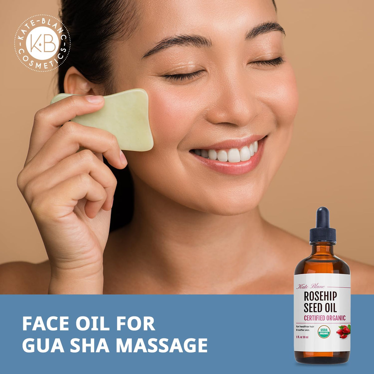 Kate Blanc oil used with gua sha tool, smooth glide benefit