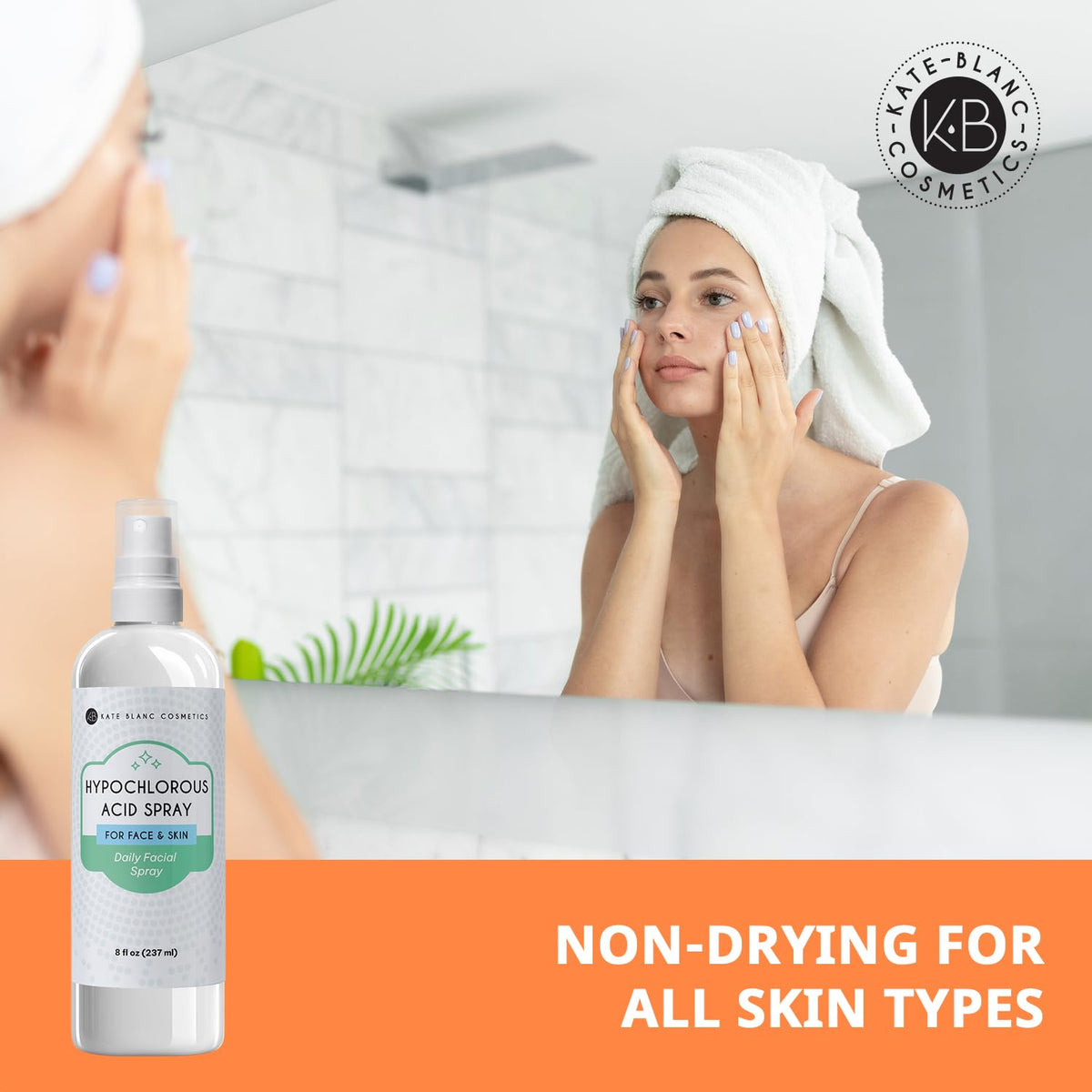 Kate Blanc Cosmetics held in hand to show 8oz size and travel-friendly convenience benefit