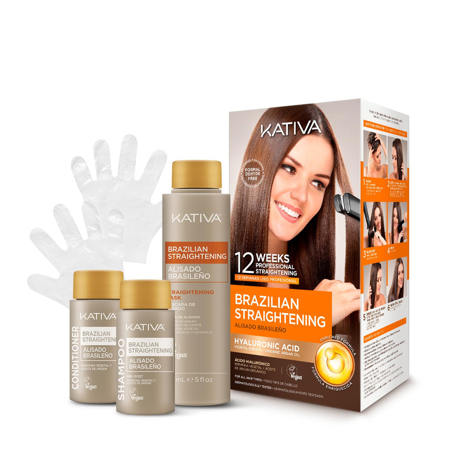 KATIVA front packaging showing full straightening kit and benefits