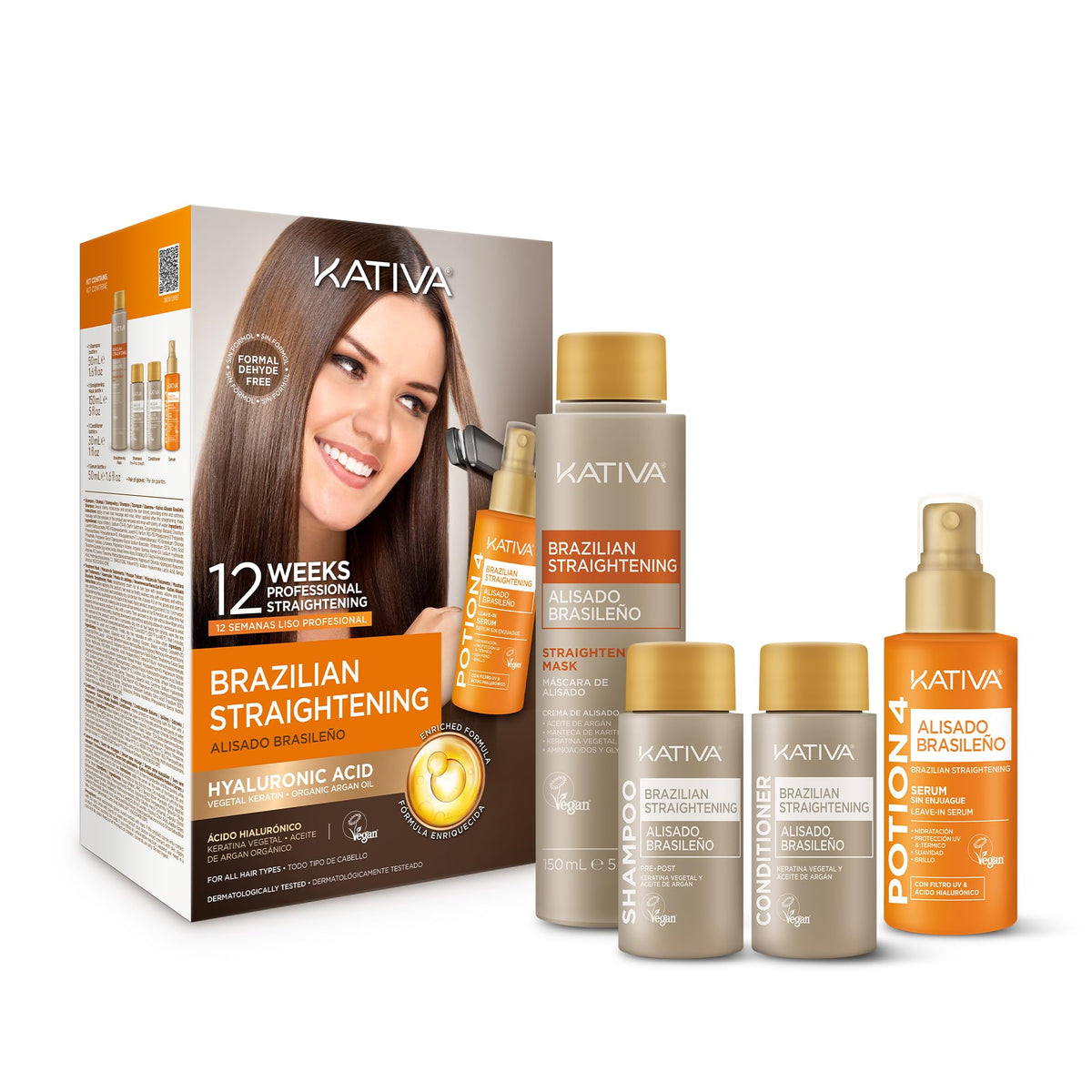 KATIVA front packaging showing complete Brazilian keratin kit and benefits