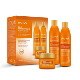 KATIVA kit front packaging showing shampoo conditioner mask and benefit of extended straightness