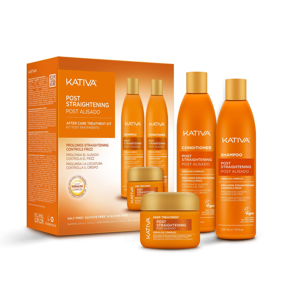 KATIVA kit front packaging showing shampoo conditioner mask and benefit of extended straightness