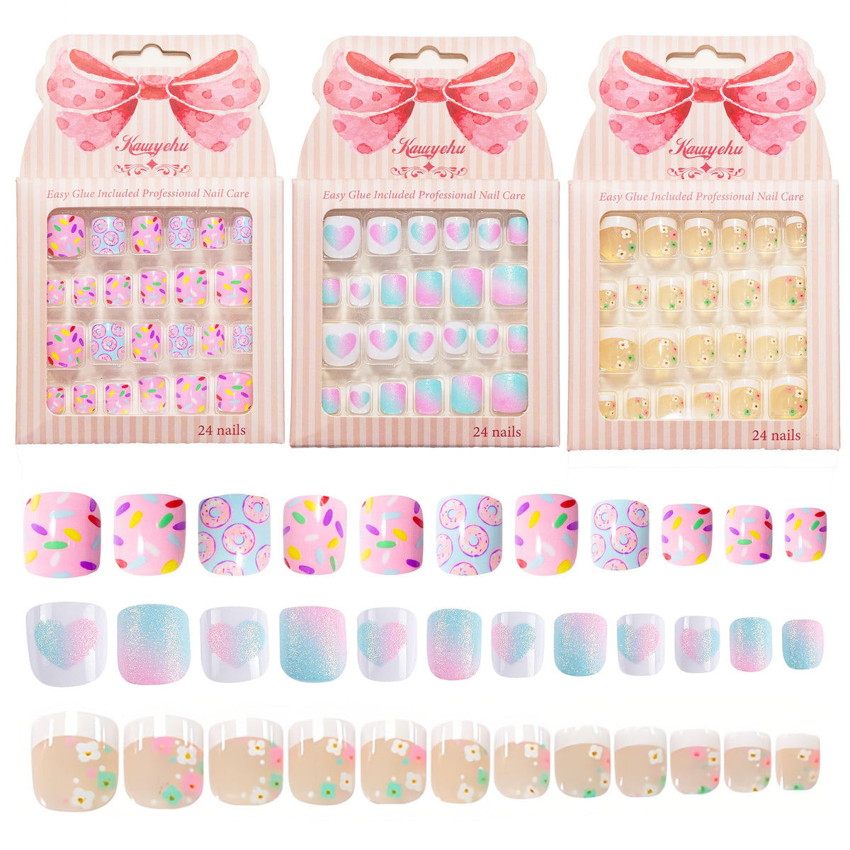 Kawyehu front packaging showing 72-piece kids press-on nails, clear presentation and variety