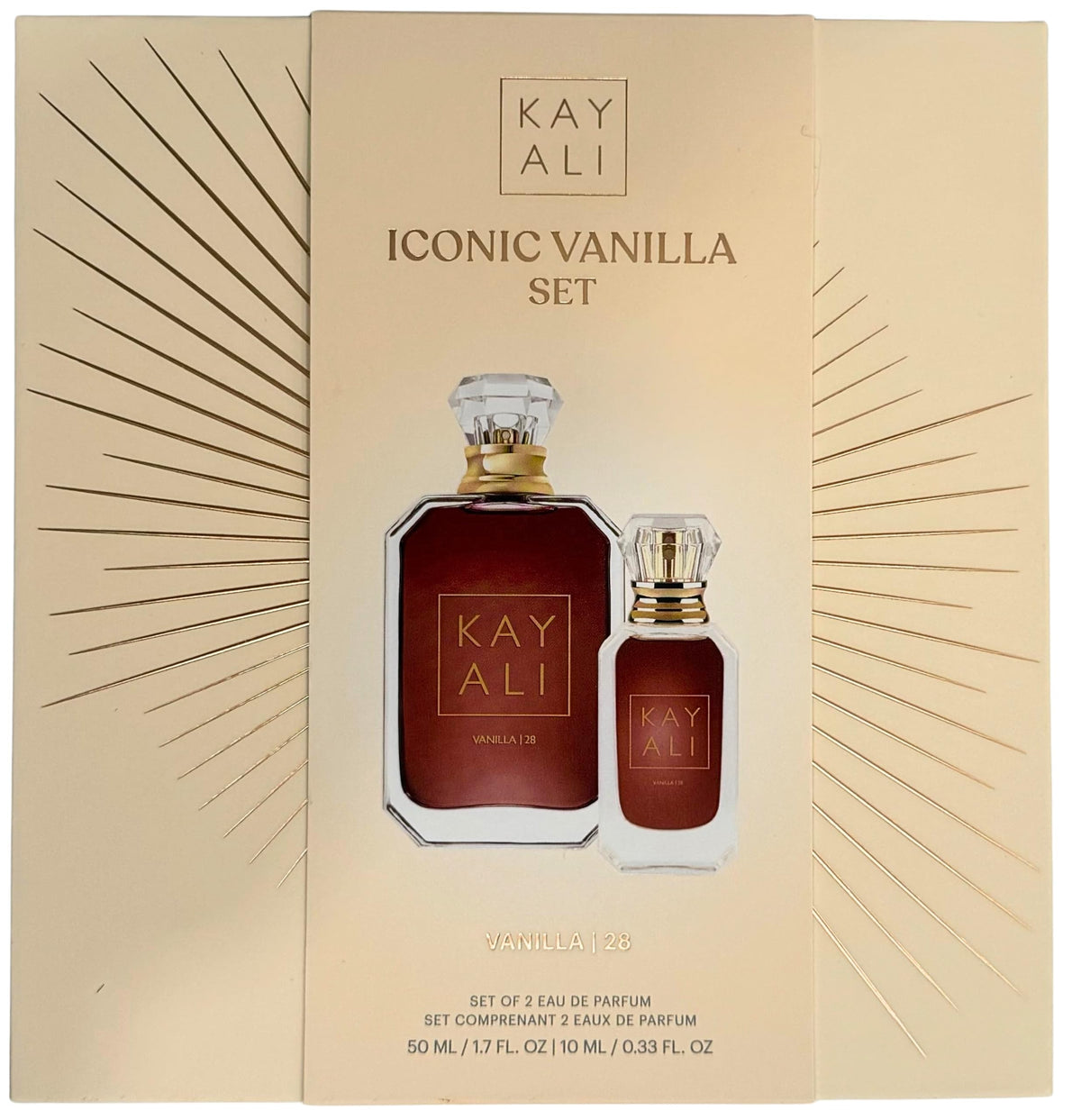 KAYALI Vanilla | 28 front packaging shown in gift box, elegant presentation benefit