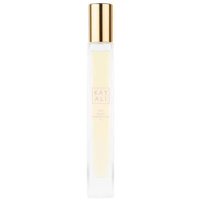KAYALI Yum Boujee Marshmallow travel spray front view with compact gift-ready packaging