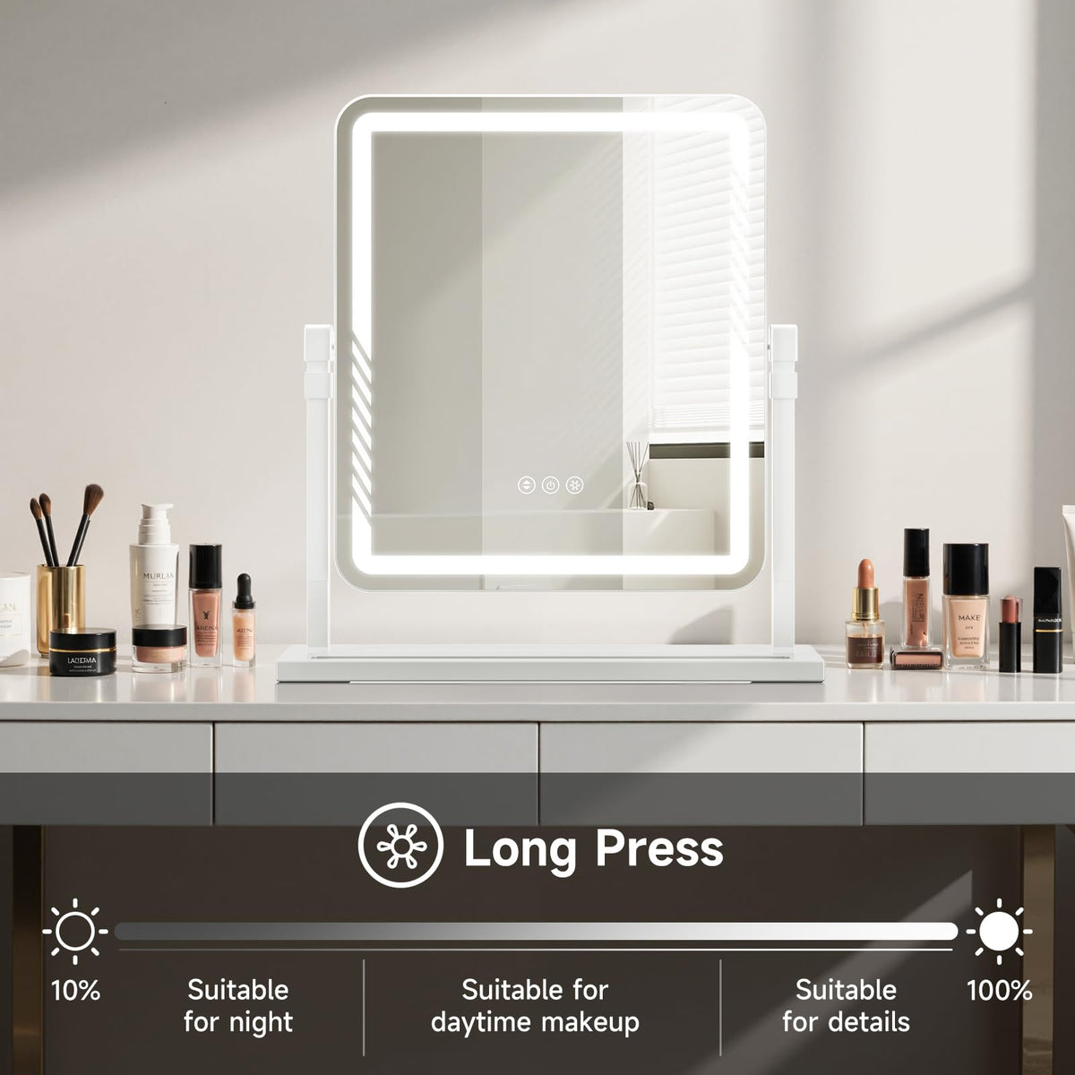 Kcavvi LED lighting demo showing three color modes for accurate makeup benefit