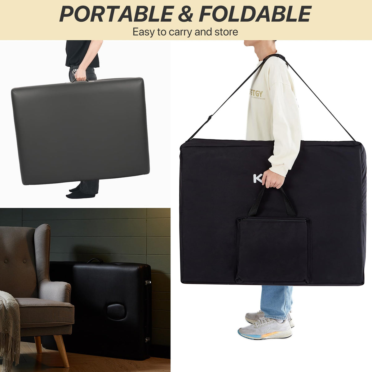 KCC table next to chair for scale, demonstrates full 84-inch length and compact fold