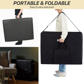 KCC table next to chair for scale, demonstrates full 84-inch length and compact fold