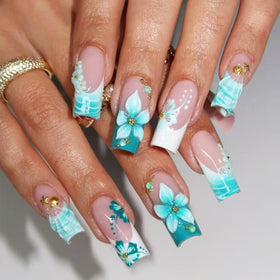Kcjckcdd front packaging showing aqua blue press-on nails and benefits of convenience