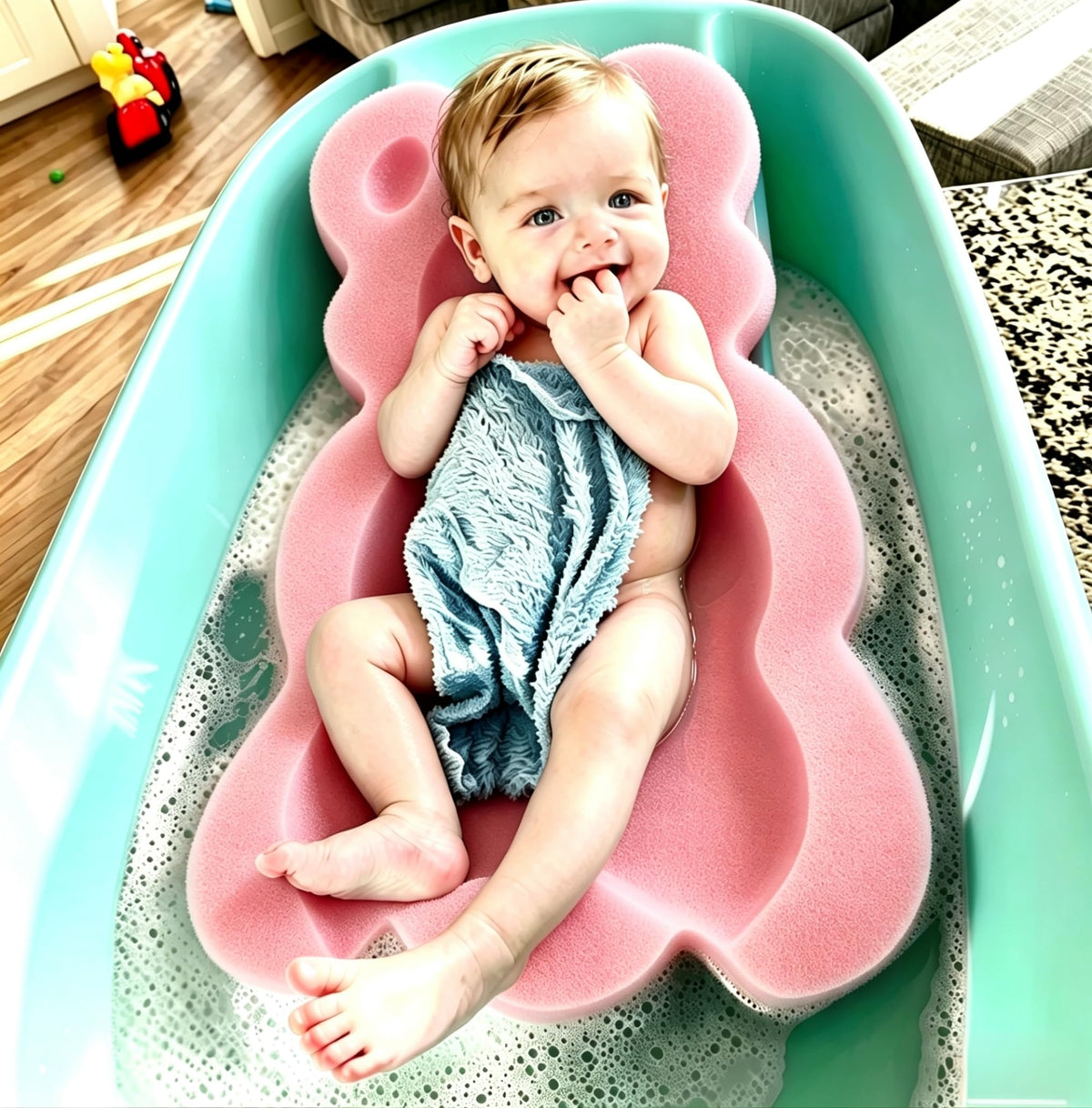 KECUCO baby in sink on cushion illustrating secure bathing