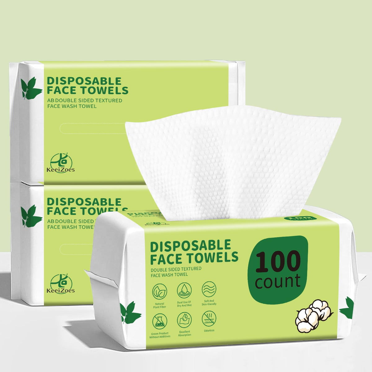 KeeiZoes front packaging showing 300-count biodegradable towels and product branding benefits