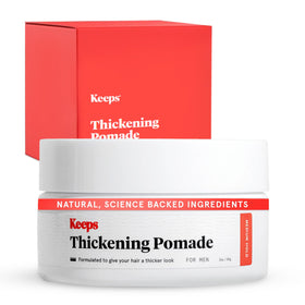 Keeps thickening pomade front packaging showing matte tin and label benefit