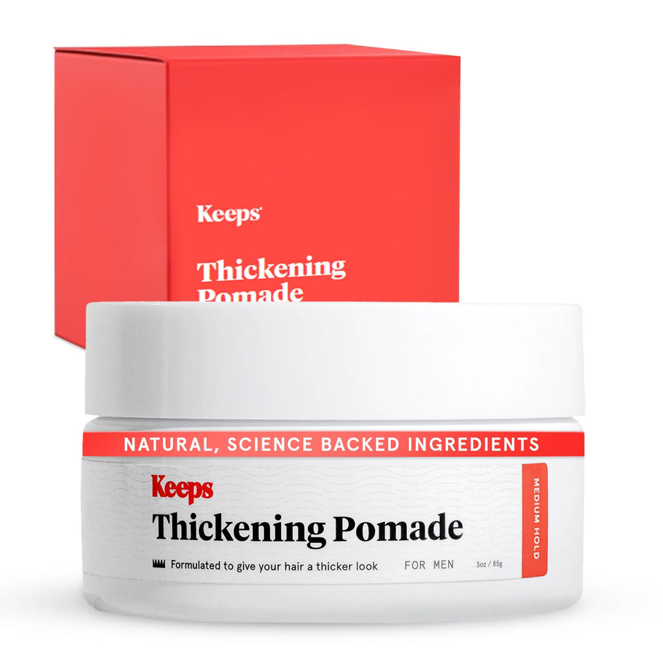 Keeps thickening pomade front packaging showing matte tin and label benefit