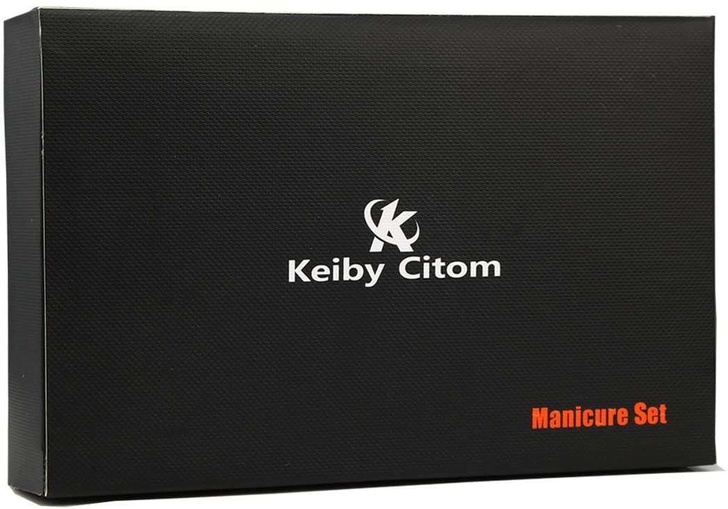 Keiby Citom kit staged in bathroom setting, professional-looking manicure tools at home