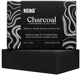 Keika front packaging showing charcoal soap bar and benefits