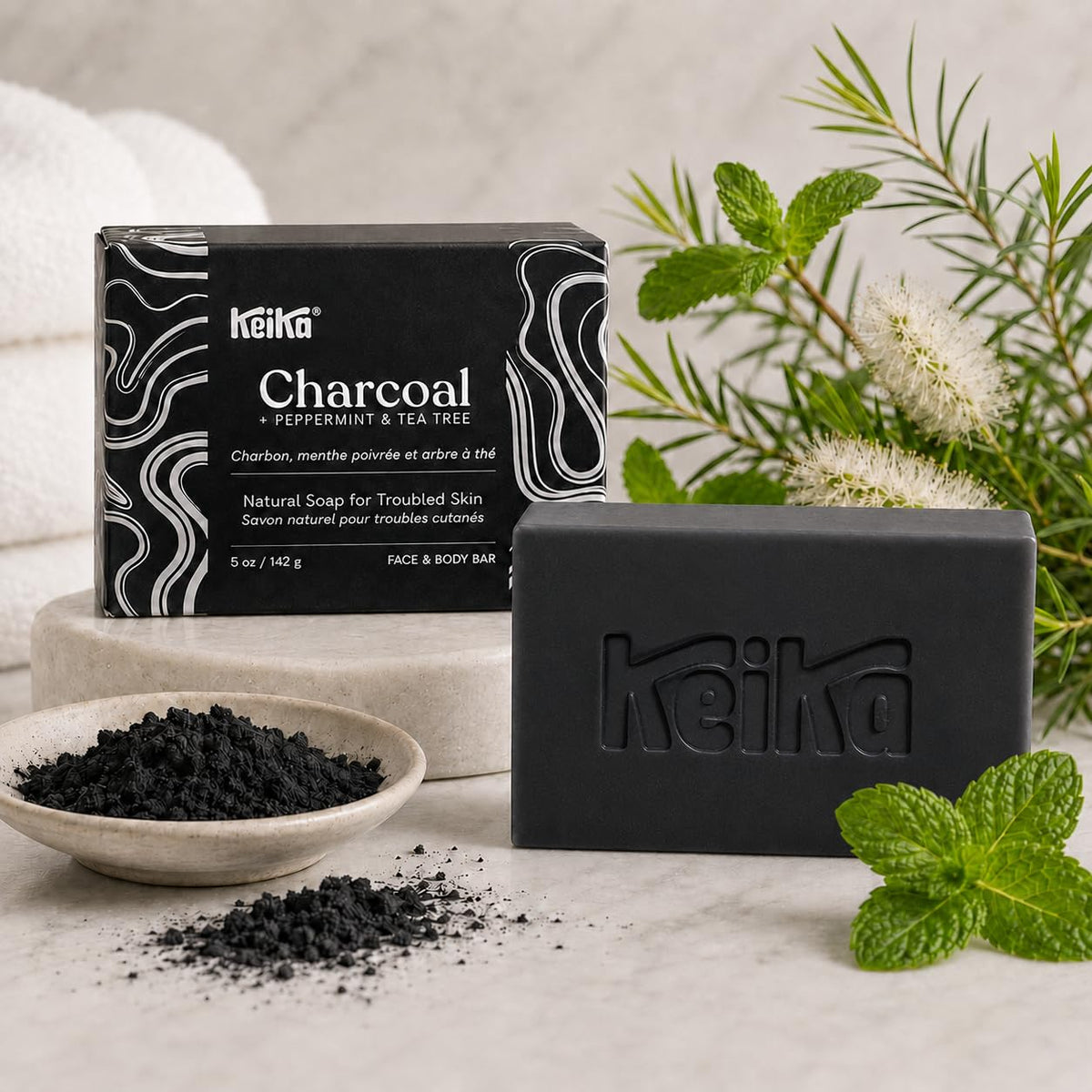 Keika ingredients shot with shea butter and charcoal promoting gentle hydration