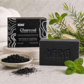 Keika ingredients shot with shea butter and charcoal promoting gentle hydration