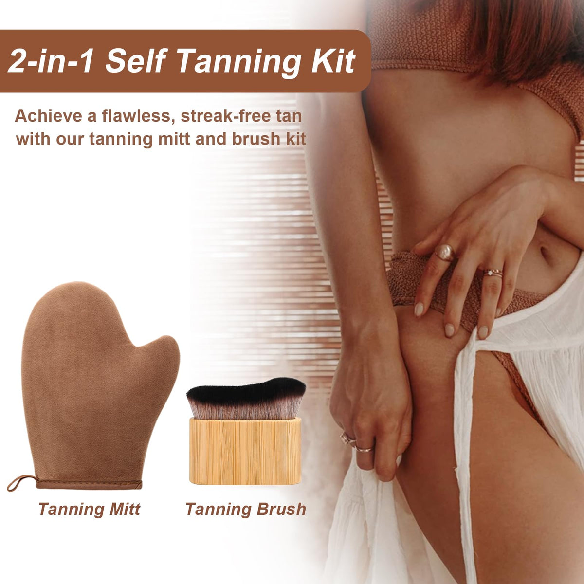 KELILO kit styled in bathroom lifestyle scene showing portability and at-home tanning benefit