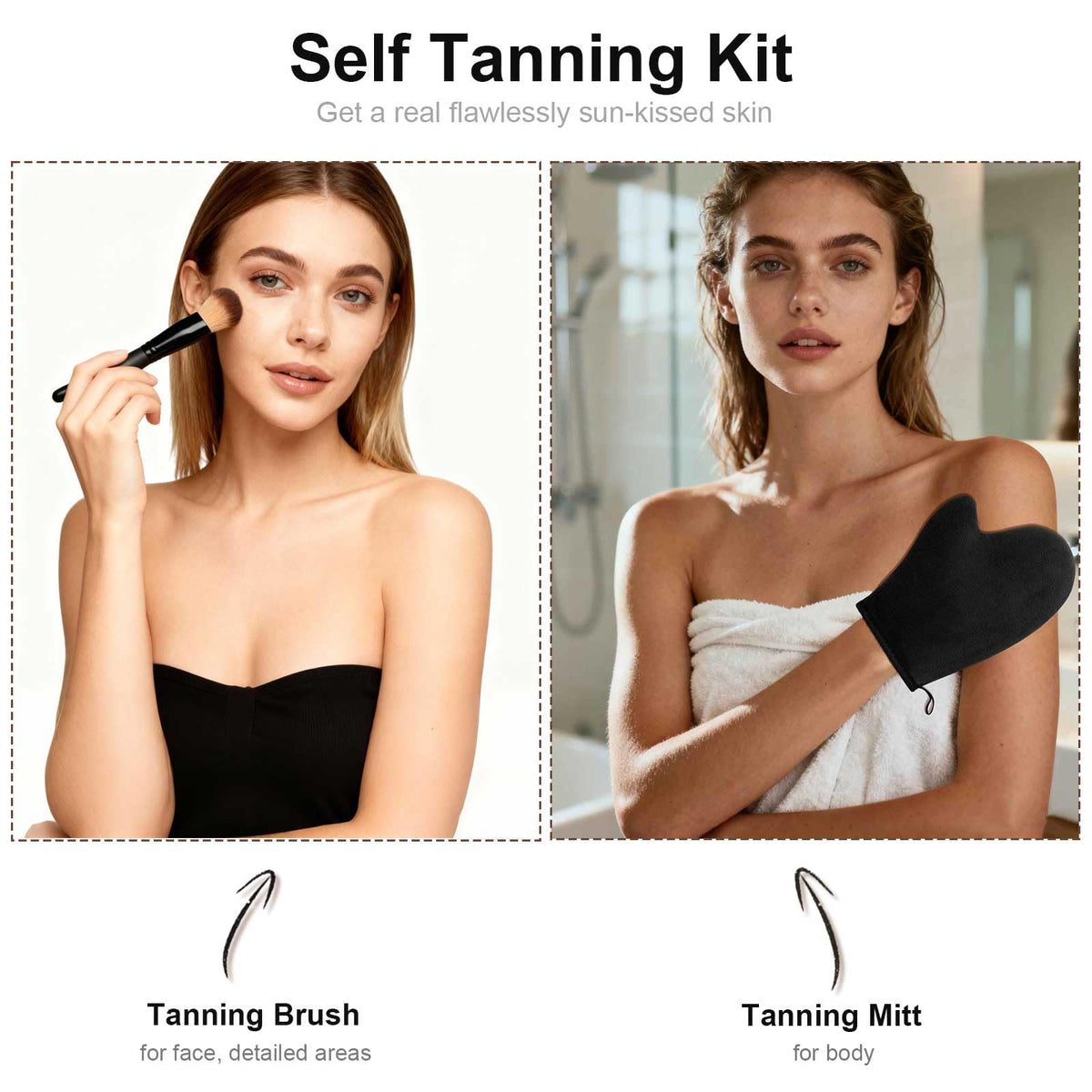 KELILO mitt in use applying self-tanner to leg for even coverage