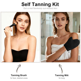 KELILO mitt in use applying self-tanner to leg for even coverage
