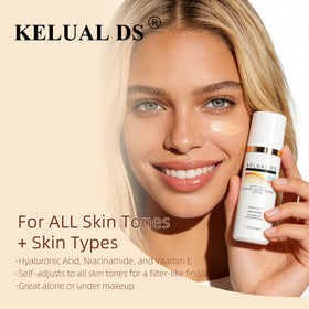 KELUAL DS application on face with fingers demonstrating quick, even coverage benefit